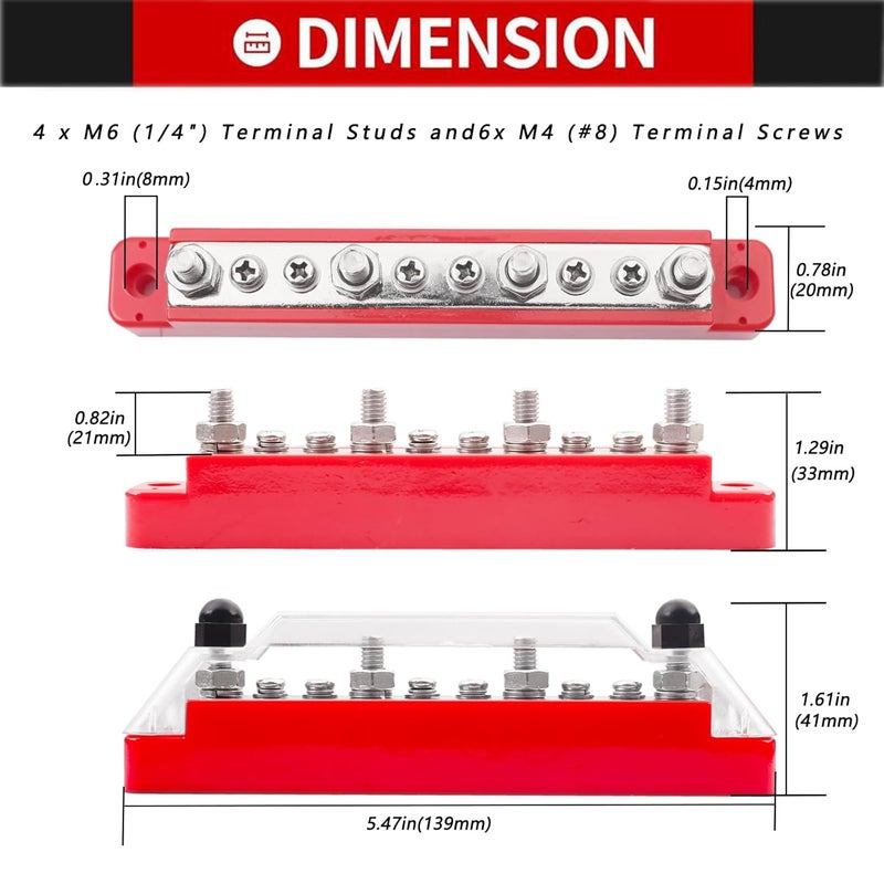 JOYPXF Bus Bar 12V 150A Power Distribution Block 4×1/4" Terminal Stud 6 x #8 Terminals Screws for Car Boat and Solar Wiring 2 Pack Distribution Block with Cable Zip Ties and Cable Labels for Cable Management - Image 2